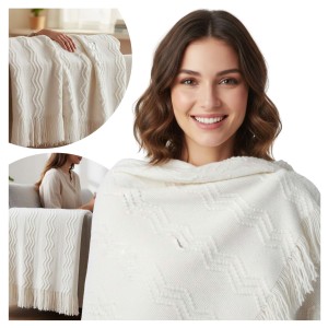 Koc Akrylowy LYON knitted frędzle 130x170 Ecru